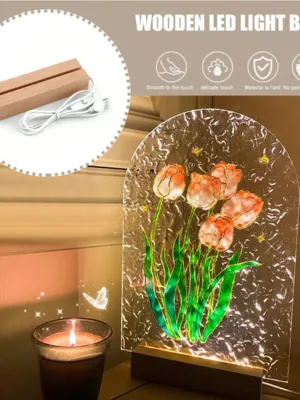 1pc Rectangular Groove Luminescent Wooden Base USB Powered LED Wood Decorative Light Base Acrylic Panel Stand For Displaying 2D Glass Artwork